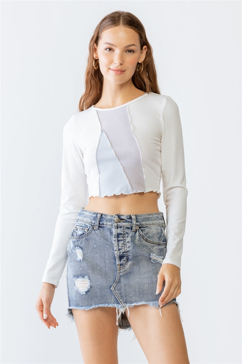 Ivory Light Blue Lavender Ribbed Stitch Detail Crew Neck Crop Top