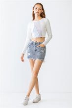 Load image into Gallery viewer, Ivory Light Blue Lavender Ribbed Stitch Detail Crew Neck Crop Top