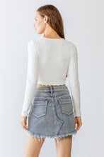 Load image into Gallery viewer, Ivory Light Blue Lavender Ribbed Stitch Detail Crew Neck Crop Top
