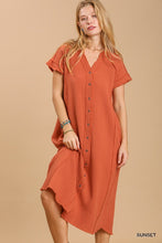 Load image into Gallery viewer, Split neck button down midi dress with no lining