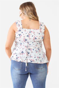 Plus Floral Button-up Sleeveless Flare Hem Top