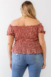 Plus Floral Chiffon Ruched Smocked Off-the-shoulder Top