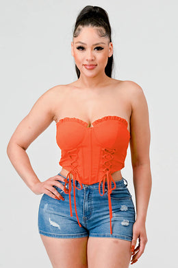 Luxe sweetheart ruffled drawstring lace bustier top