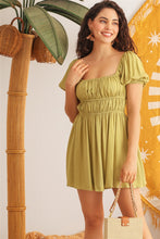 Load image into Gallery viewer, Light Green Woven Puff Short Sleeve Open Back Flare Mini Dress