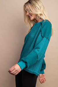 Waffle Knit And Fleece Contrast Henley Top With Button Front