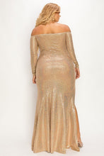 Load image into Gallery viewer, Plus Long Sleeve Off Shoulder Sequin Fabric (metallic) Party Maxi Dress